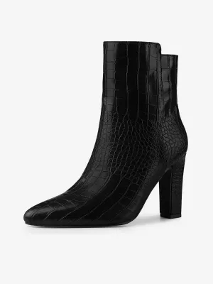 Crocodile Printed Pointed Toe Chunky Heel Ankle Boots