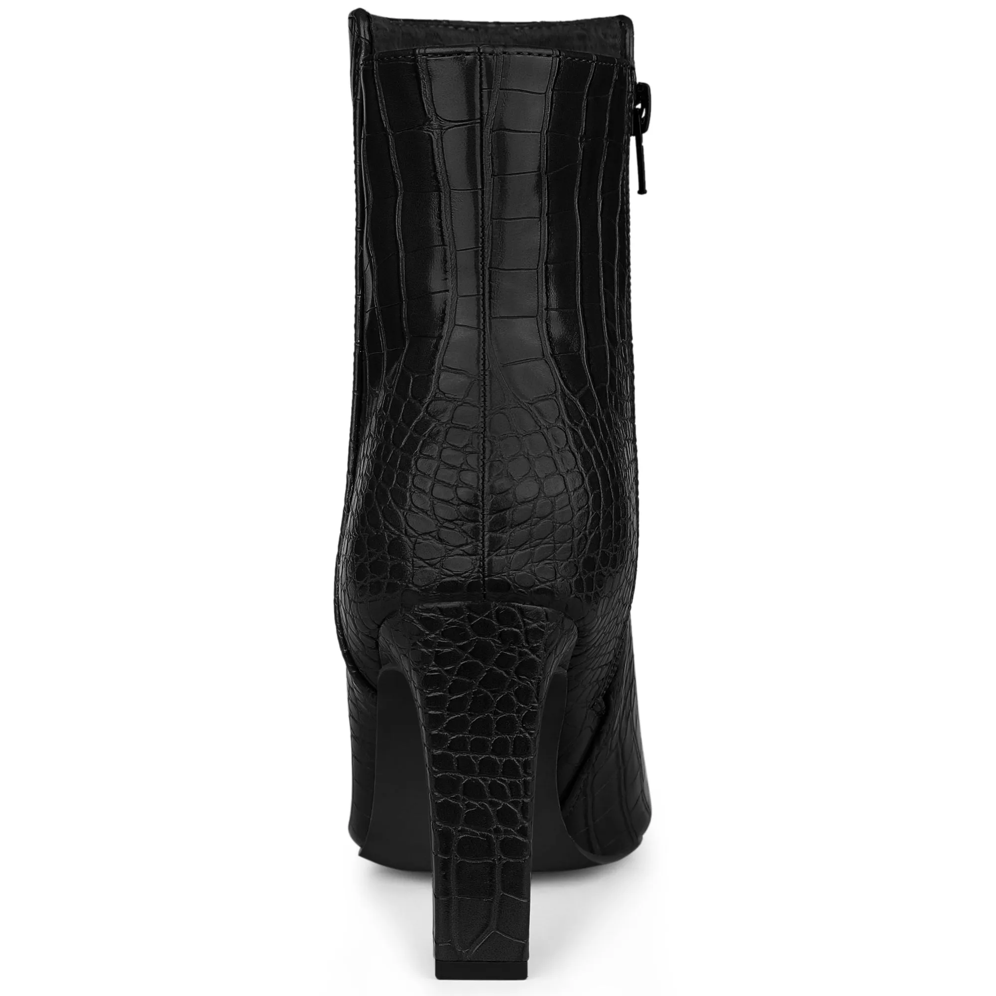 Crocodile Printed Pointed Toe Chunky Heel Ankle Boots