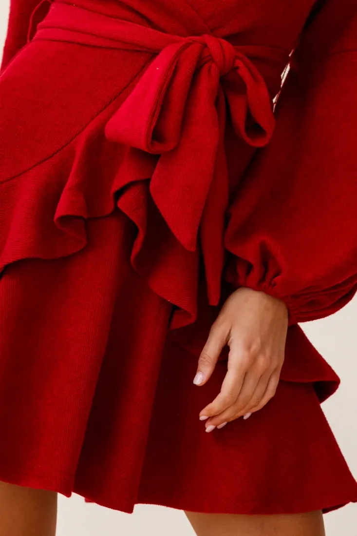 Dresden Long Sleeve Ruffle Detail Knit Dress Wine