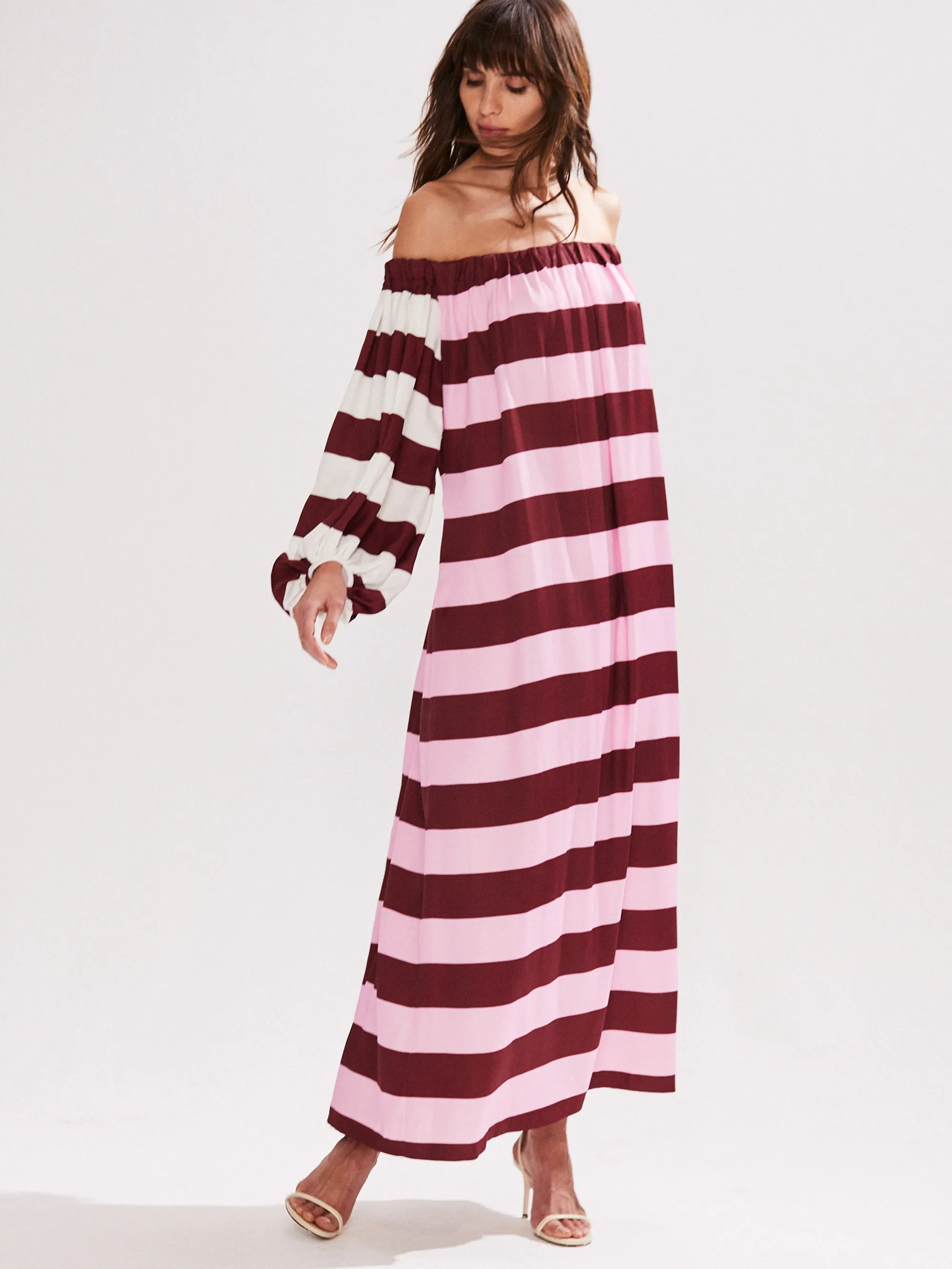 Gigi Pink Striped Bardot Maxi Dress