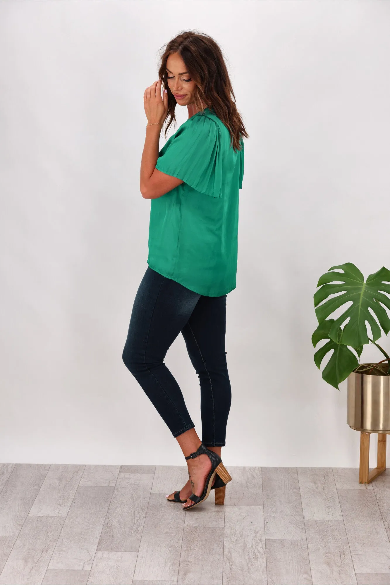 Gloss by Shine On Calla Pleat Sleeve Top Teal Green