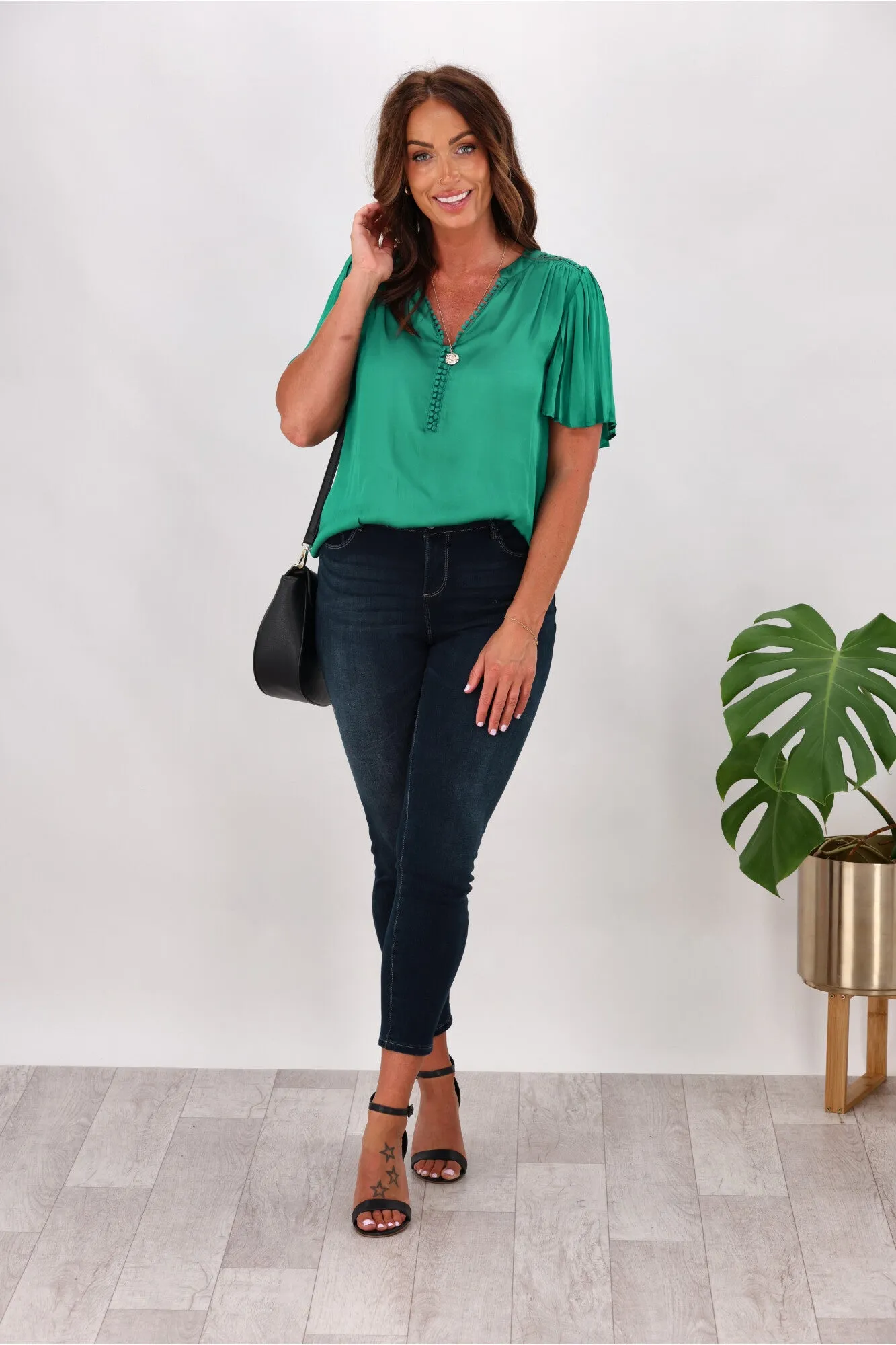 Gloss by Shine On Calla Pleat Sleeve Top Teal Green