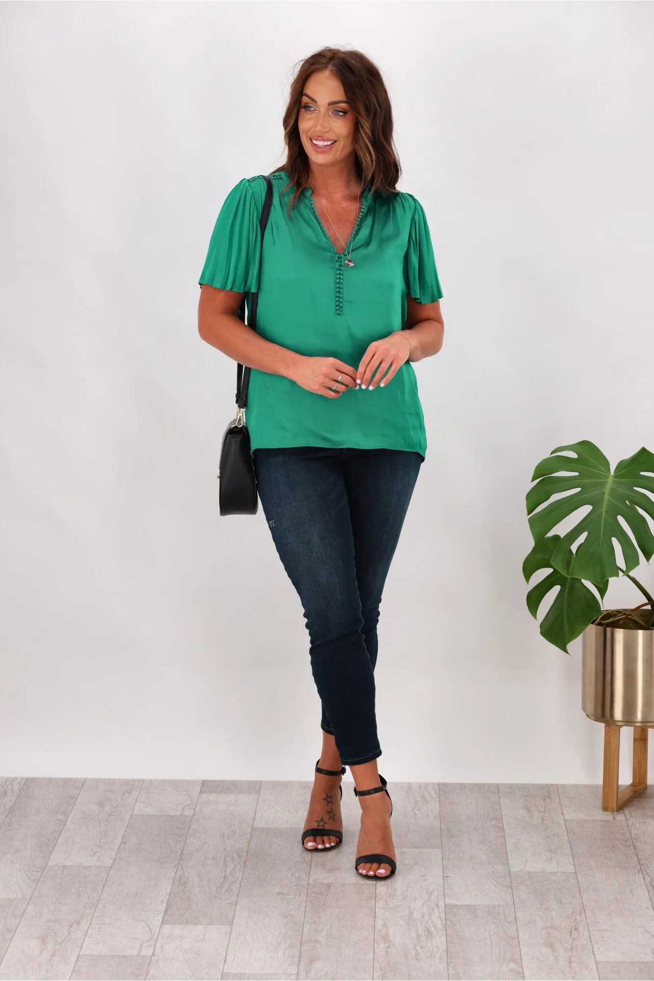 Gloss by Shine On Calla Pleat Sleeve Top Teal Green