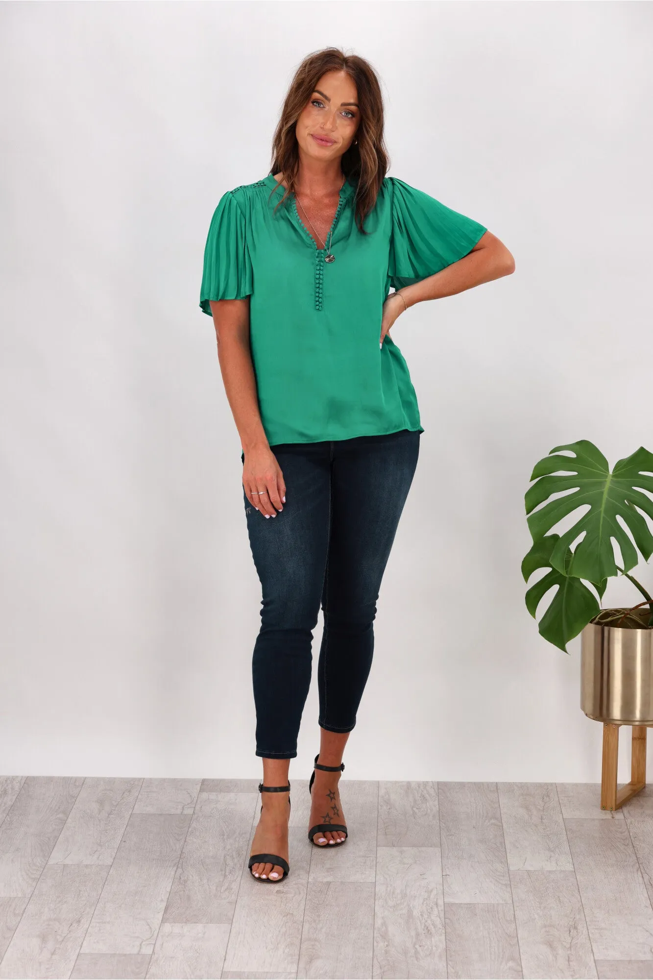 Gloss by Shine On Calla Pleat Sleeve Top Teal Green