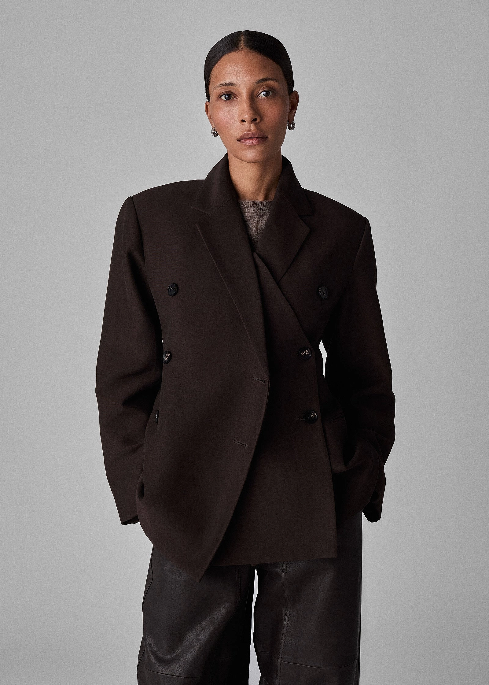 Layered Double Breasted Blazer in Faille - Chocolate