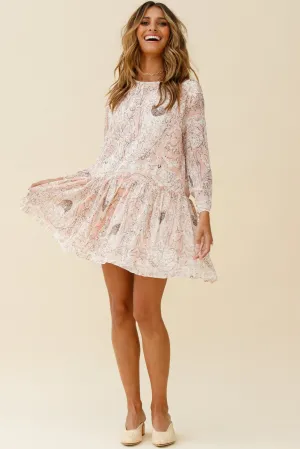 Mina Long Sleeve Button Back Shift Dress Ornate Print Pink