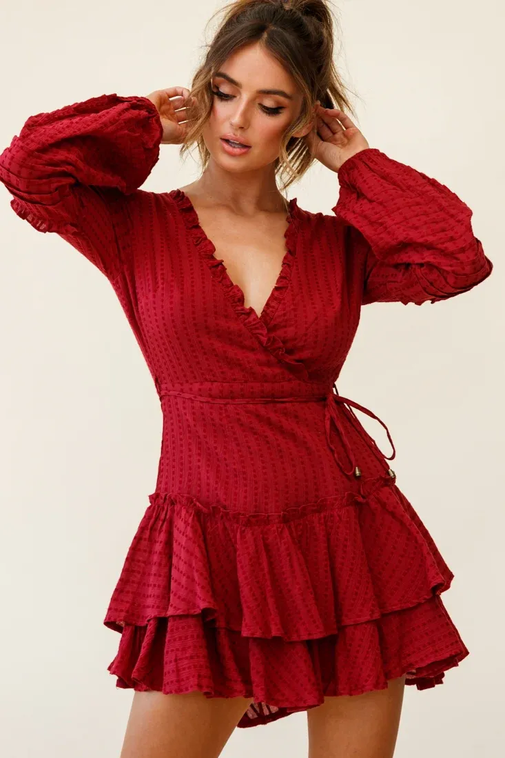Neve Balloon Sleeve Layered Ruffle Hem Dress Wine