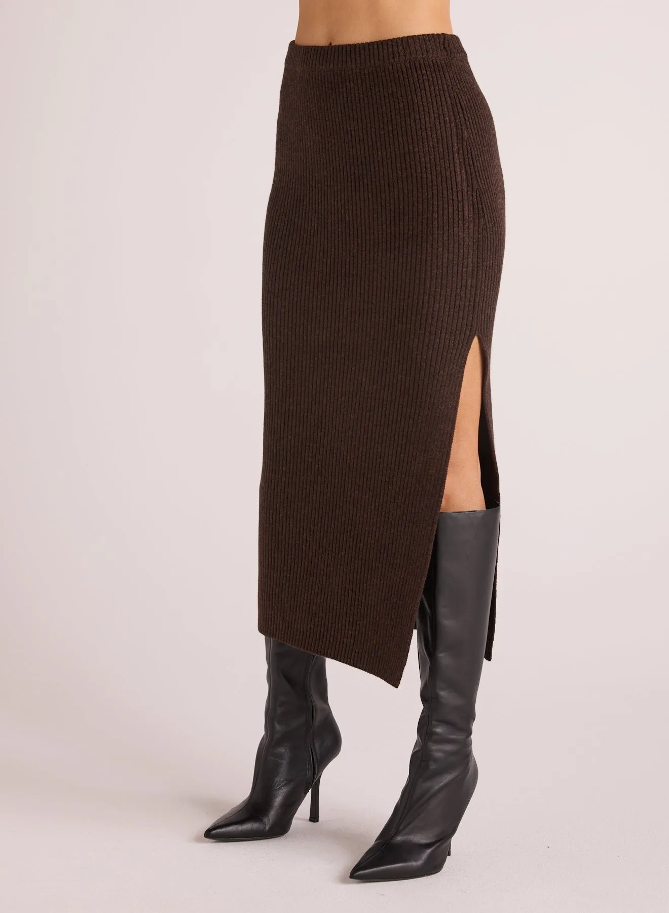 Ribbed Knit Skirt with Side Slit - Heather Brown
