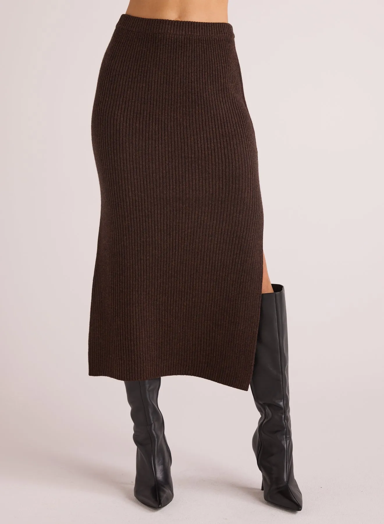 Ribbed Knit Skirt with Side Slit - Heather Brown