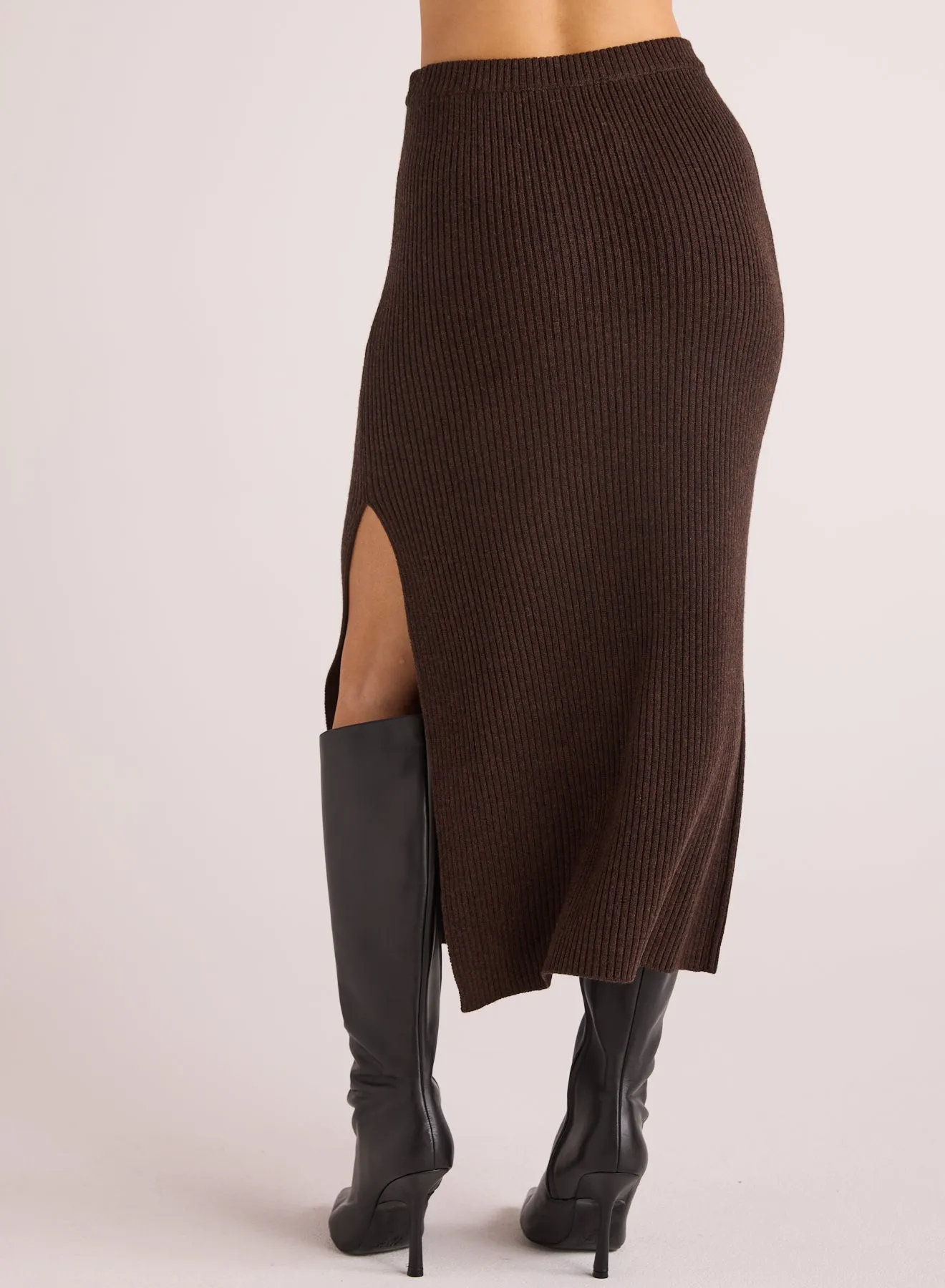 Ribbed Knit Skirt with Side Slit - Heather Brown