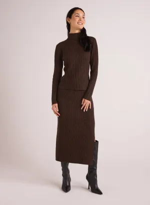 Ribbed Knit Skirt with Side Slit - Heather Brown