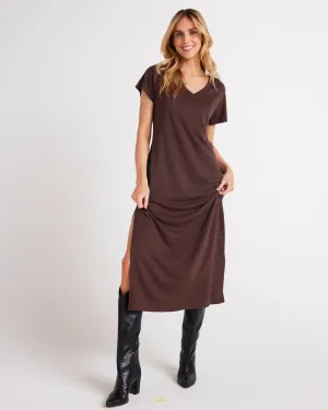 V-Neck Knit Maxi Dress - Chestnut Brown