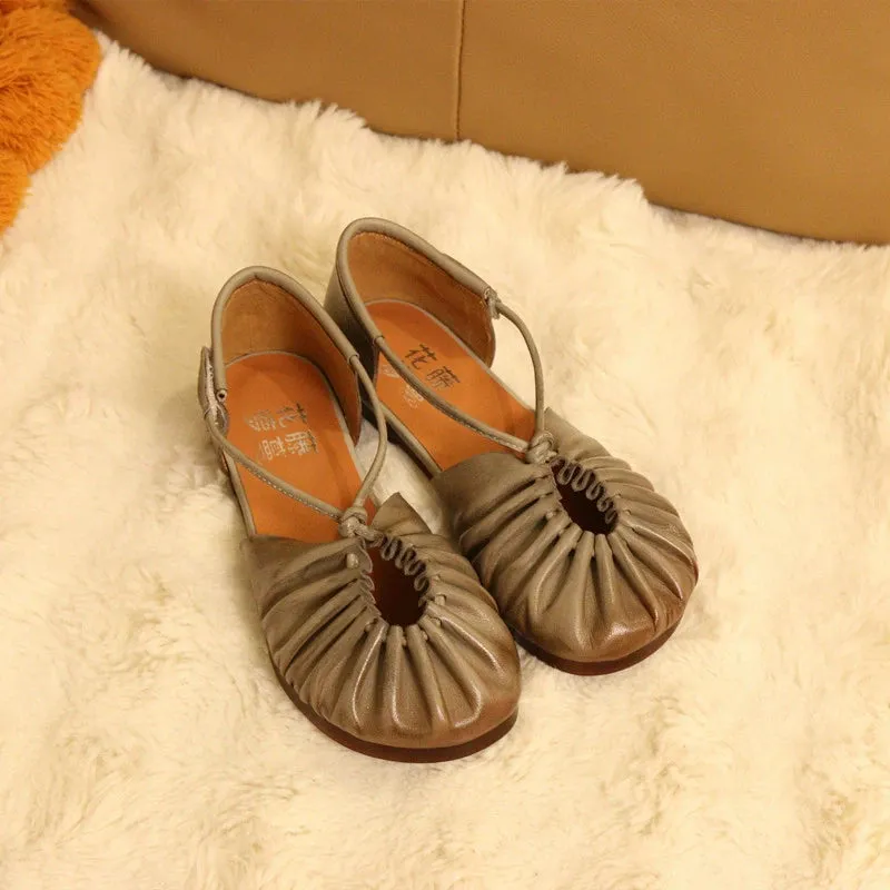 Women Retro Soft Sole Genuine Leather Velcro Flat Shoes