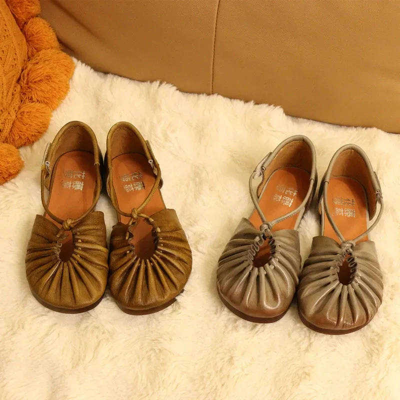 Women Retro Soft Sole Genuine Leather Velcro Flat Shoes