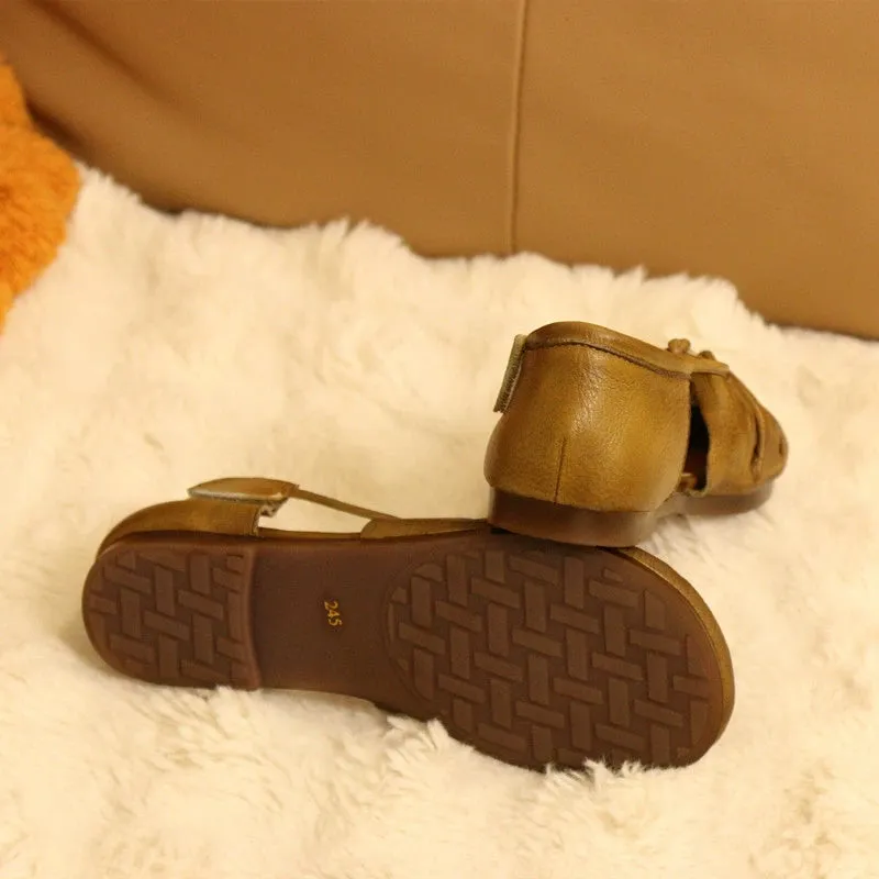Women Retro Soft Sole Genuine Leather Velcro Flat Shoes