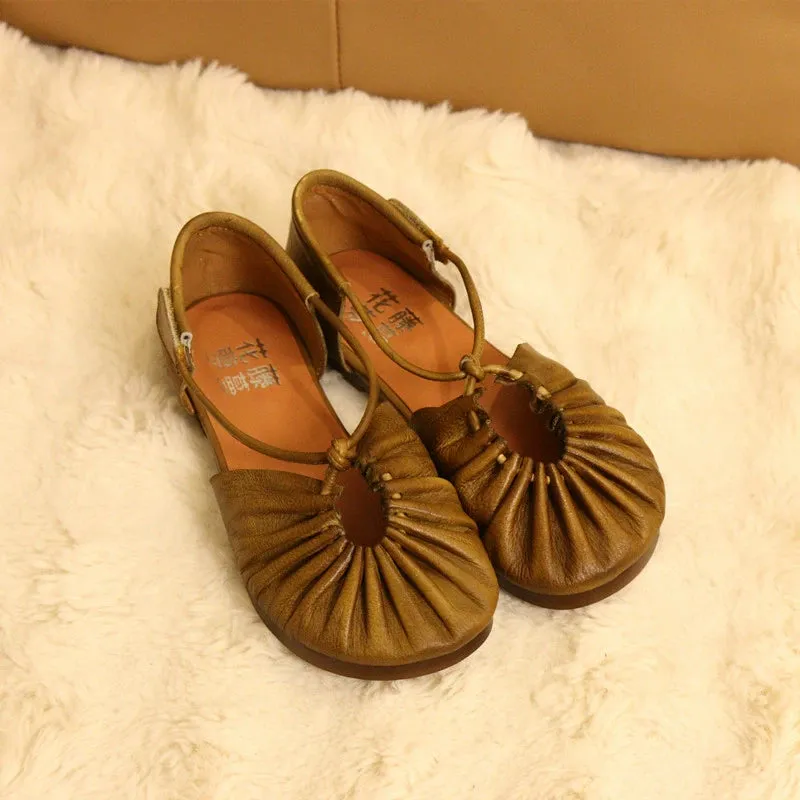 Women Retro Soft Sole Genuine Leather Velcro Flat Shoes