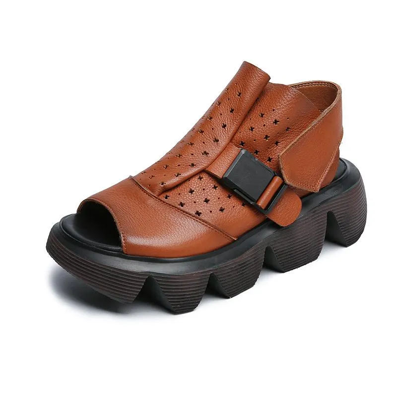Women Summer Retro Hollow Platform Leather Sandals