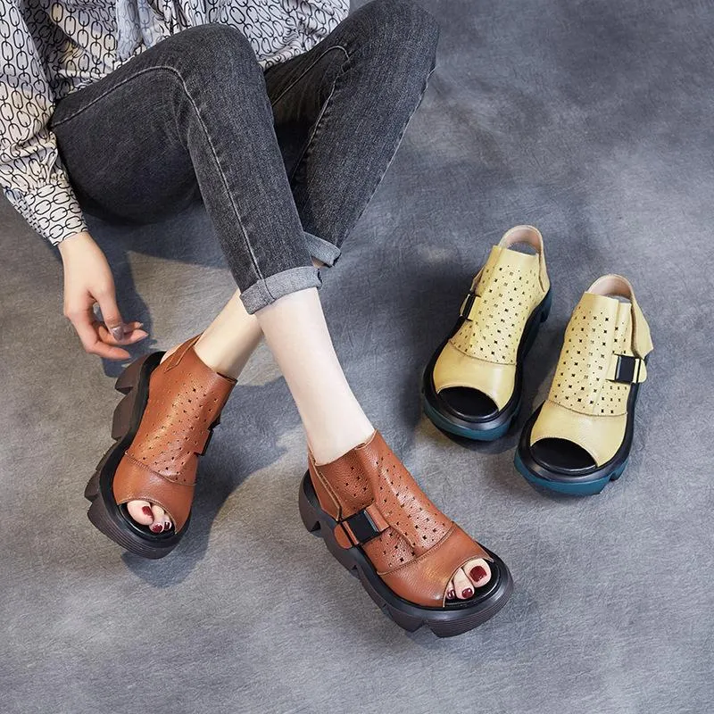 Women Summer Retro Hollow Platform Leather Sandals