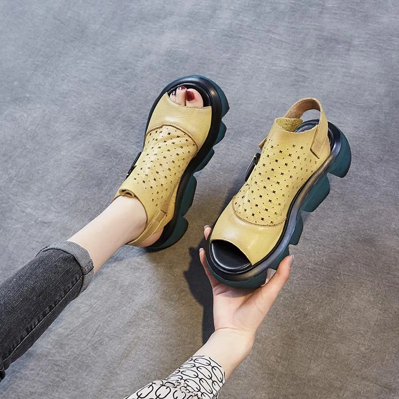 Women Summer Retro Hollow Platform Leather Sandals